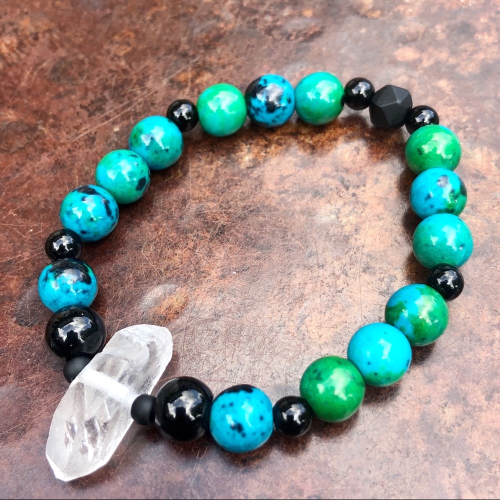 Chrysocolla, Onyx, and Quartz Crystal Bracelet